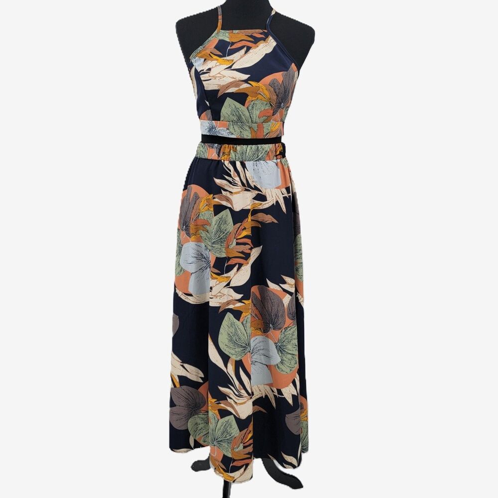 Womens S Navy Blue Multicolor Wrap Adj Halter Top Pull-On Slit Maxi Skirt Set